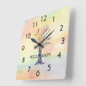レインボーパーソナライズされたツリー スクエア壁時計 (傾斜)