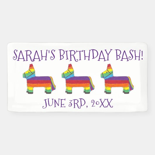 レインボーパーソナライズされたドンキーピニャタバースデーパーティー 横断幕 (横)