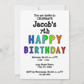 レインボーパーソナライズされたハッピーセブン誕生日レタリング 招待状 (正面)