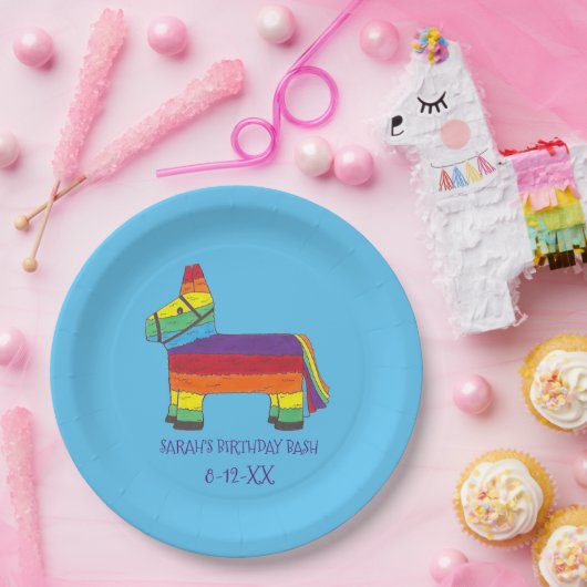 レインボーパーソナライズされたピアナタドンキーバースデーパーティー ペーパープレート (パーティー)