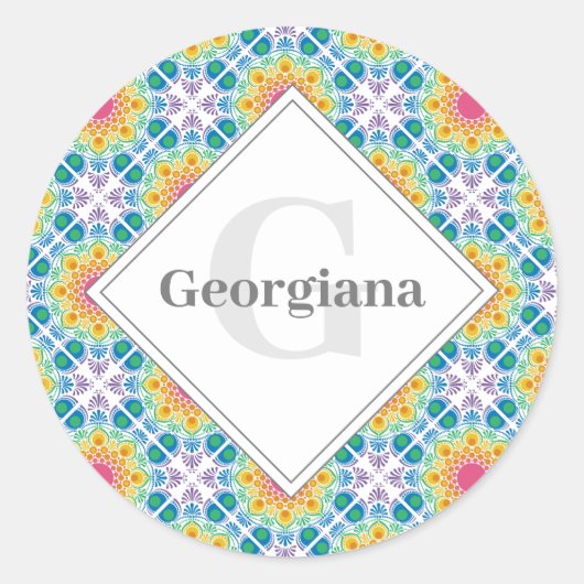 レインボーパーソナライズされたフローラマンダラダイヤモンドタイル ラウンドシール (正面)
