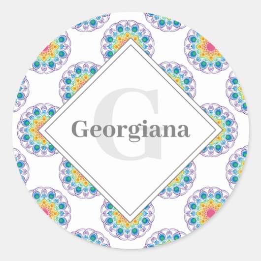 レインボーパーソナライズされたフローラ水玉模様曼荼羅 ラウンドシール (正面)