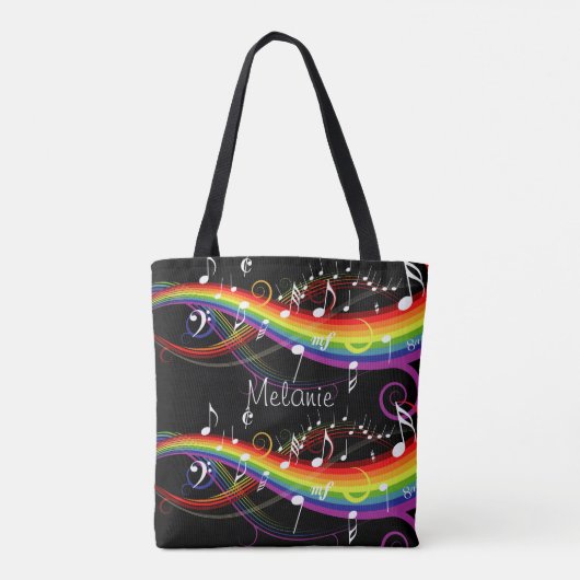 レインボーパーソナライズされたホワイトミュージックノート(ブラック) トートバッグ (裏面)