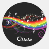 レインボーパーソナライズされたホワイトミュージックノート(ブラック) ラウンドシール (正面)