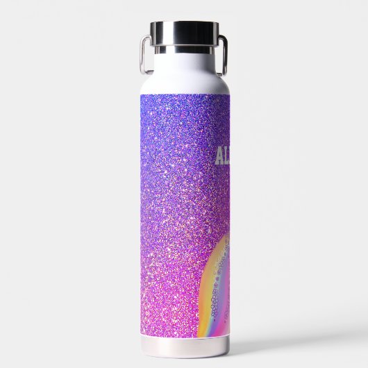 レインボーパーソナライズされたユニコーンパープルグリッターキッズ ウォーターボトル (正面)
