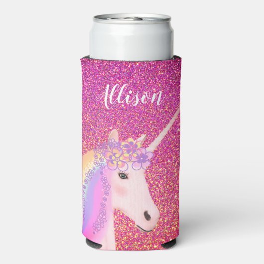 レインボーパーソナライズされたユニコーンピンクグリッター女子 スリム缶クーラー (Seltzer裏面)