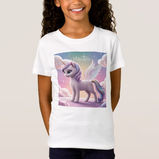 レインボーパーソナライズされたユニコーン猫 Tシャツ (正面)