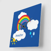 レインボーパーソナライズされた、雲、雨の正方形の壁 スクエア壁時計 (傾斜)