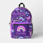 レインボーパープルピンクの黄色の星の名前イザベラ プリントバックパック (正面)