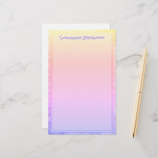レインボーパープルピンクオレンジ縁ど名前をカスタムする 便箋 (正面/裏面インサイチュ)