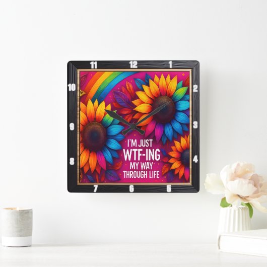 レインボーヒマワリWtfライフ スクエア壁時計 (ホーム)