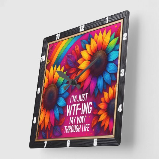 レインボーヒマワリWtfライフ スクエア壁時計 (傾斜)