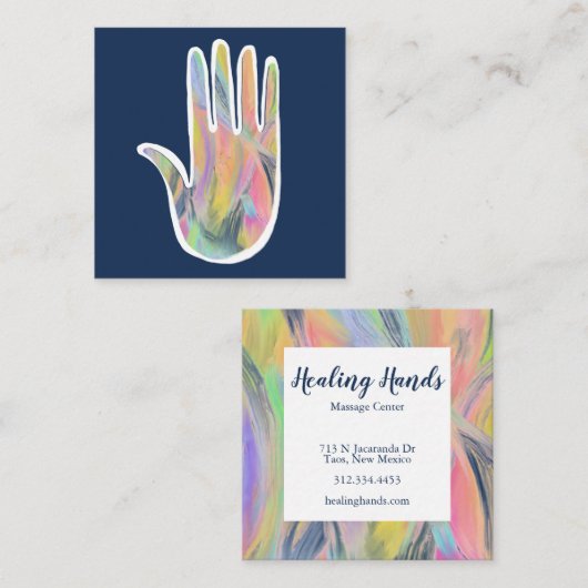 レインボーヒーリングハンドカラフル油絵を描インジゴ スクエア名刺 (正面/裏面)