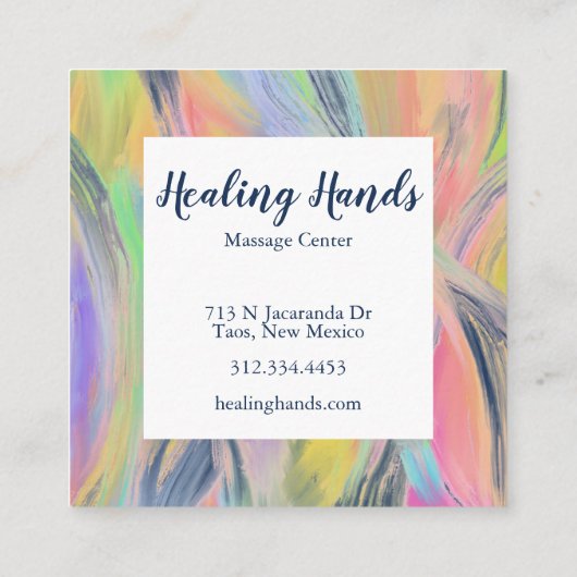 レインボーヒーリングハンドカラフル油絵を描インジゴ スクエア名刺 (裏面)