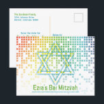 レインボービデオゲームゲーマーバー（ユダヤ教の）バル・ミツバー日付を保存 ポストカード<br><div class="desc">レインボー色の雨のピクセルゲーマーまたはビデオゲームバー（ユダヤ教の）バル・ミツバー日付はがきを保存する。この非ゲーマー伝統的ビデインスパイアオゲームデザインは、ダビデのユダヤ人スターを特徴としている。また、カードの上部に沿って明るい色の虹の雨やカスケードのデジタルスタイルコンピュータのピクセルがある。フォントはテクノ・コンピュータスタイル。下部にバイナリコードがあり、より高い技術スタイルを実現。バイナリコードは実際には「バー（ユダヤ教の）バル・ミツバー」と書かれているがもし、必要に応じて任意のバイナリコードに変更したり、完全に削除したりすることができる。日付はがきを保存するビデオゲームバー素晴らし（ユダヤ教の）バル・ミツバーは、のビデオゲームを愛し遊て、古いスタイルの2Dピクセルグラフィックゲームのファンである男の子のためである。今やトレンディーは、一人の少年の興味と真の人格伝統的に焦点を当てユニークる非バーの（ユダヤ教の）バル・ミツバーデザインと行く。だからもし、あなたの息子はゲームのすべての事を愛し、この正しいバー（ユダヤ教の）バル・ミツバーは彼のために日付はがきを保存する。</div>