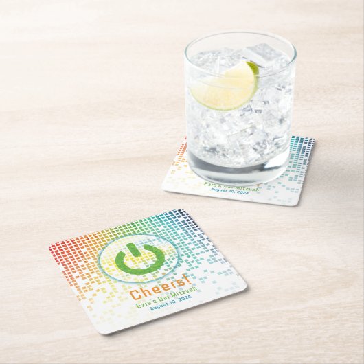 レインボーピクセルビデオゲームゲーマーバー(ユダヤ教の)バル・ミツバー スクエアペーパーコースター (インサイチュ)