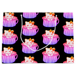 レインボーピンクとパープルパステルのかわいいキティ猫 ラージペーパーバッグ