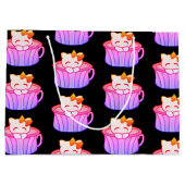 レインボーピンクとパープルパステルのかわいいキティ猫 ラージペーパーバッグ (裏面)