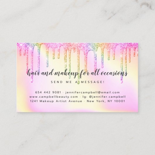 レインボーピンクのホログラフィックグリッタードリップのメイクアップ髪 名刺 (裏面)