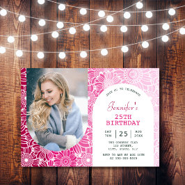 レインボーピンクストライプフローラアーチフォト誕生日 招待状