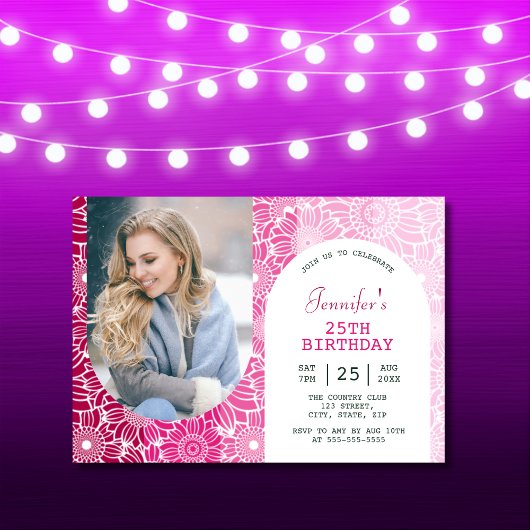 レインボーピンクストライプフローラアーチフォト誕生日 招待状