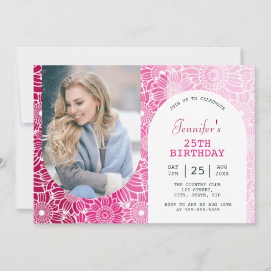 レインボーピンクストライプフローラアーチフォト誕生日 招待状 (正面)