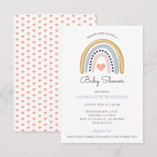 レインボーピンクハートベイビーシャワー 招待状 (正面/裏面)