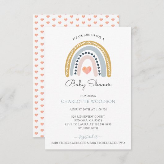 レインボーピンクハートベビーシャワー 招待状 (正面/裏面)