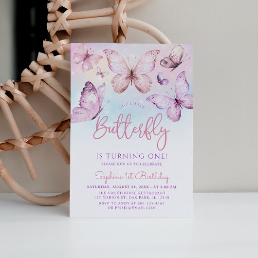 レインボーピンクパープルガールバタフライ1st誕生日 招待状