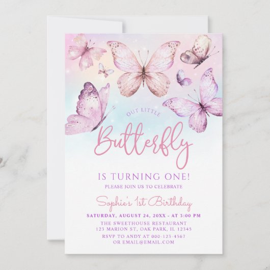 レインボーピンクパープルガールバタフライ1st誕生日 招待状 (正面)