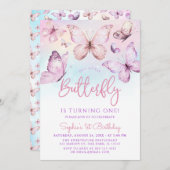 レインボーピンクパープルガールバタフライ1st誕生日 招待状 (正面/裏面)
