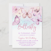 レインボーピンクパープルガールバタフライ1st誕生日 招待状 (正面)