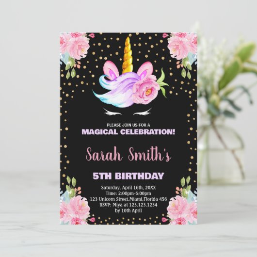 レインボーピンクブラックユニコーン誕生日招待状 招待状 (スタンド正面)