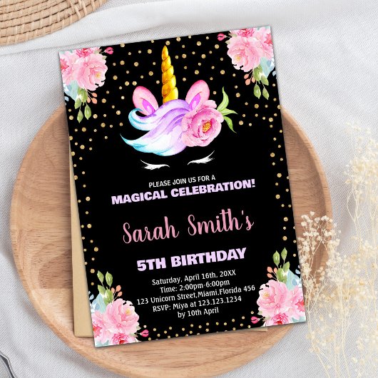 レインボーピンクブラックユニコーン誕生日招待状 招待状