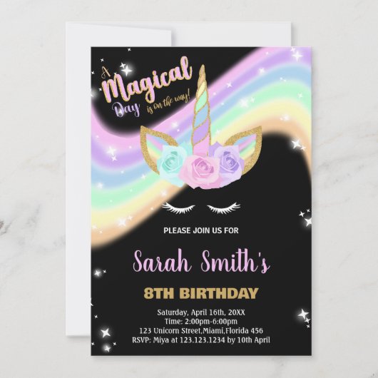 レインボーピンクユニコーン誕生日招待状 招待状 (正面)
