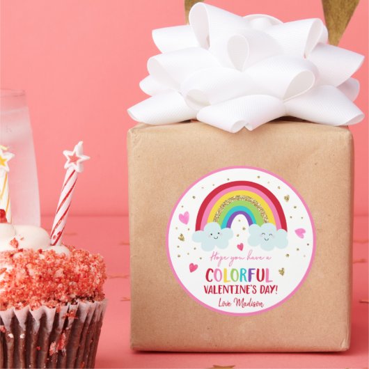 レインボーピンク金ゴールドハートバレンタインデー ラウンドシール (パーティー)