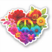 レインボーピースサインハートシール |ダイカットのシール シール (正面)