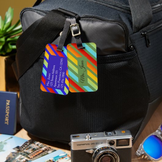 レインボーファンキーパタストライプのーン荷物タグ ラゲッジタグ (正面&裏面)