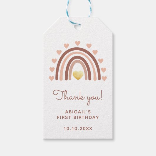 レインボーファースト誕生日サンキュー赤面ピンク ギフトタグ (正面)