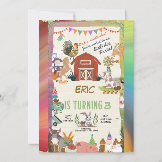 レインボーファームの動物の幼児がパーソナライズ 招待状 (正面)