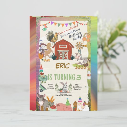 レインボーファームの動物の幼児がパーソナライズ 招待状 (スタンド正面)