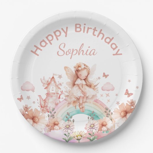 レインボーフェアリーガール魔法ティーポット誕生日 ペーパープレート (正面)