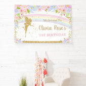 レインボーフェアリーピンクブルーフローラ誕生日背景 横断幕 (インサイチュ)