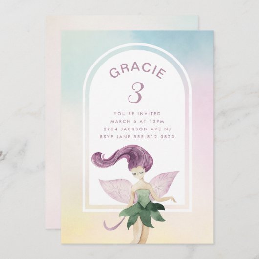 レインボーフェアリーボホアーチバースデーパーティーガール 招待状 (正面/裏面)