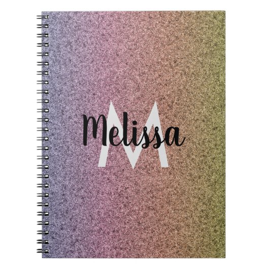 レインボーフェイクグリッターパターンイニシャル ノートブック (正面)