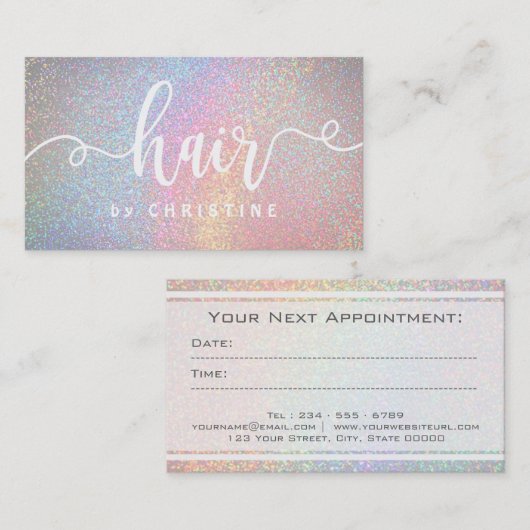 レインボーフェイクグリッターホワイトスクリプトヘア 予約カード (正面/裏面)