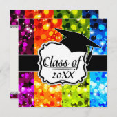 レインボーフェイクスパークルグリッター卒業 招待状 (正面/裏面)