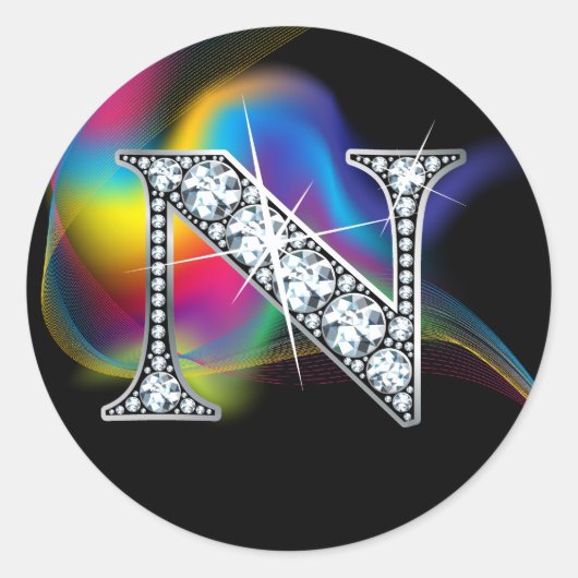 レインボーフェイクスワールきらきら光るハートの「N」ダイヤモンド ラウンドシール (正面)