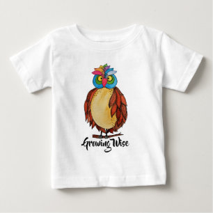 レインボーフェザー付き水彩幻想的フクロウ ベビーTシャツ