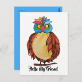 レインボーフェザー付き水彩幻想的フクロウ ポストカード (正面/裏面)